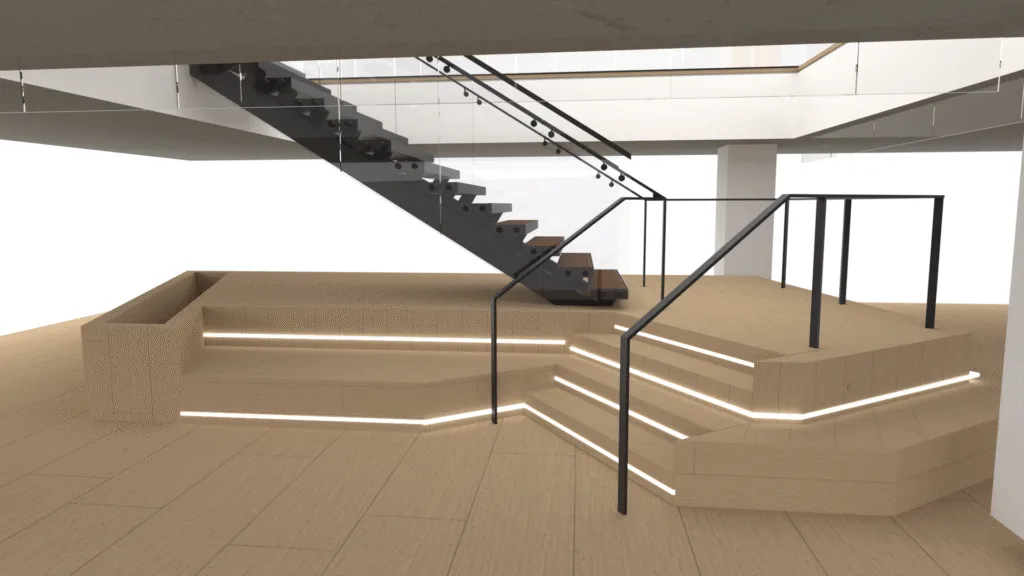 Ornamental steel stair over wood seating platform with integrated LED lighting