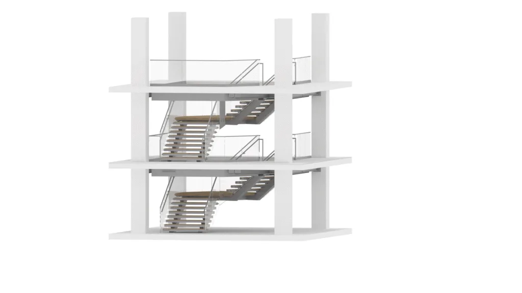 Multi-level stair structure showing floating treads, steel supports, and glass railings