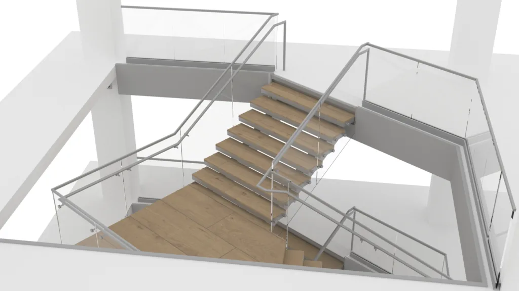 Top-down view of wood-clad steel stair treads aligned with glass railings