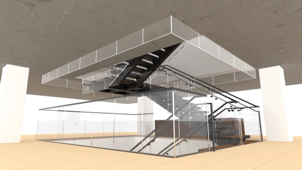 Steel staircase with glass guardrails and slotted treads for precise alignment