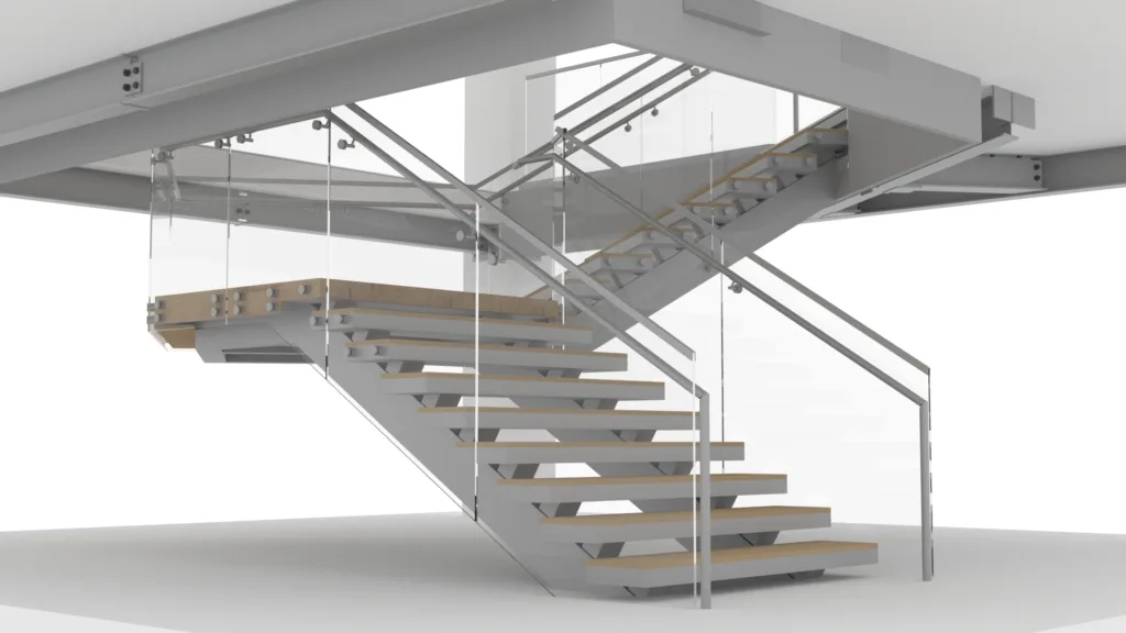 Underside of a floating stair with steel brackets and railing attachment points