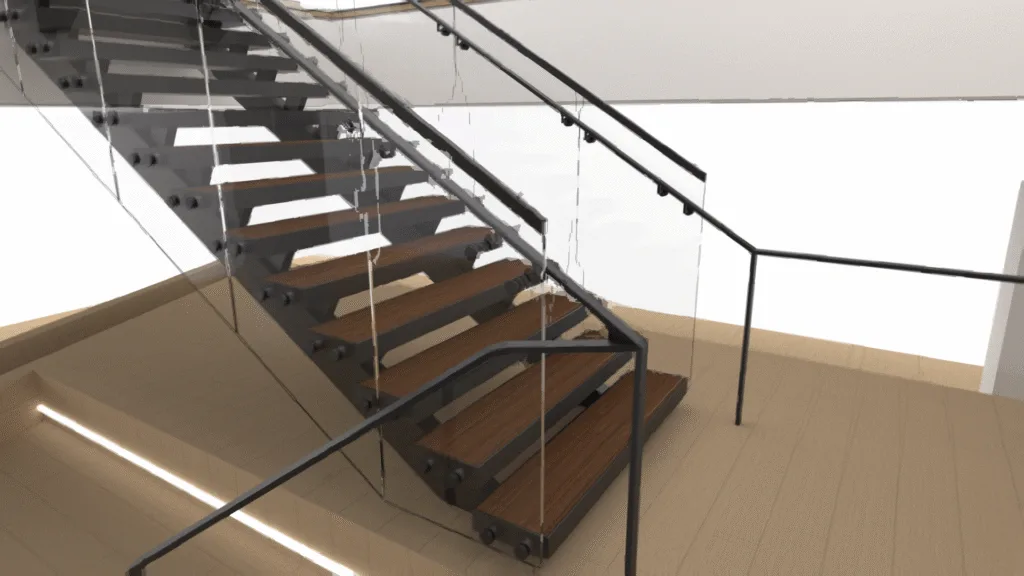 Close-up of stair treads with glass mounting slots and railing brackets