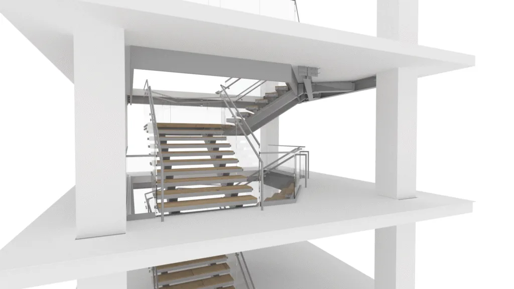 Stair landing steel detailing with beam intersection and bracket supports