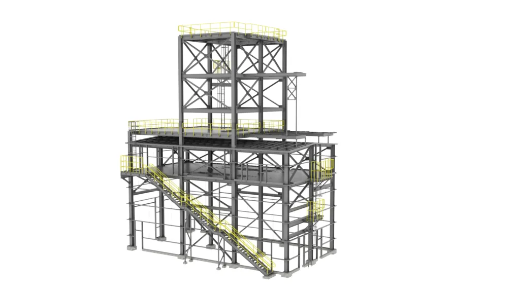 3D model of a multi-level industrial steel structure