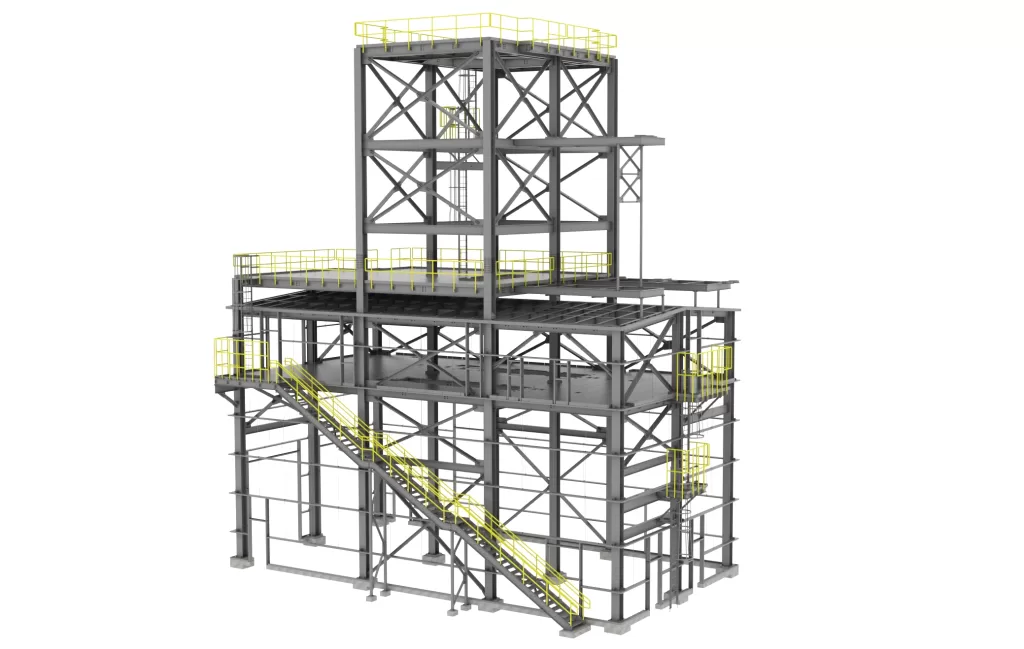 3D model of a multi-level industrial steel structure
