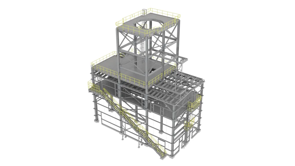 3D model of a multi-level industrial steel access structure with stairs, caged ladders, rest platforms, and yellow OSHA-compliant guardrails