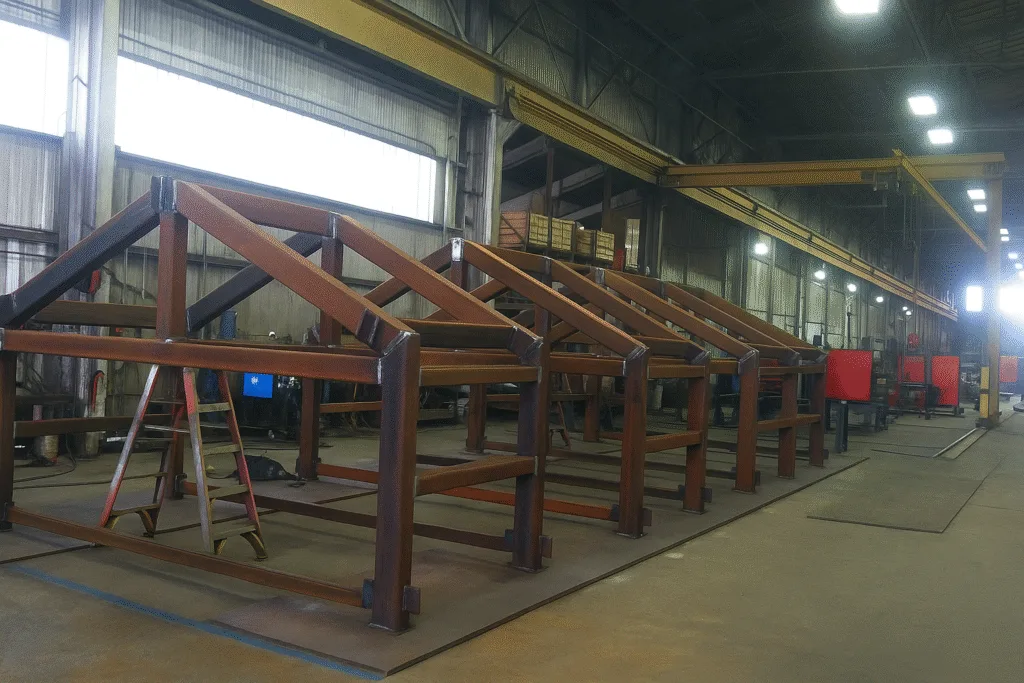 assembled steel truss in fabrication shop