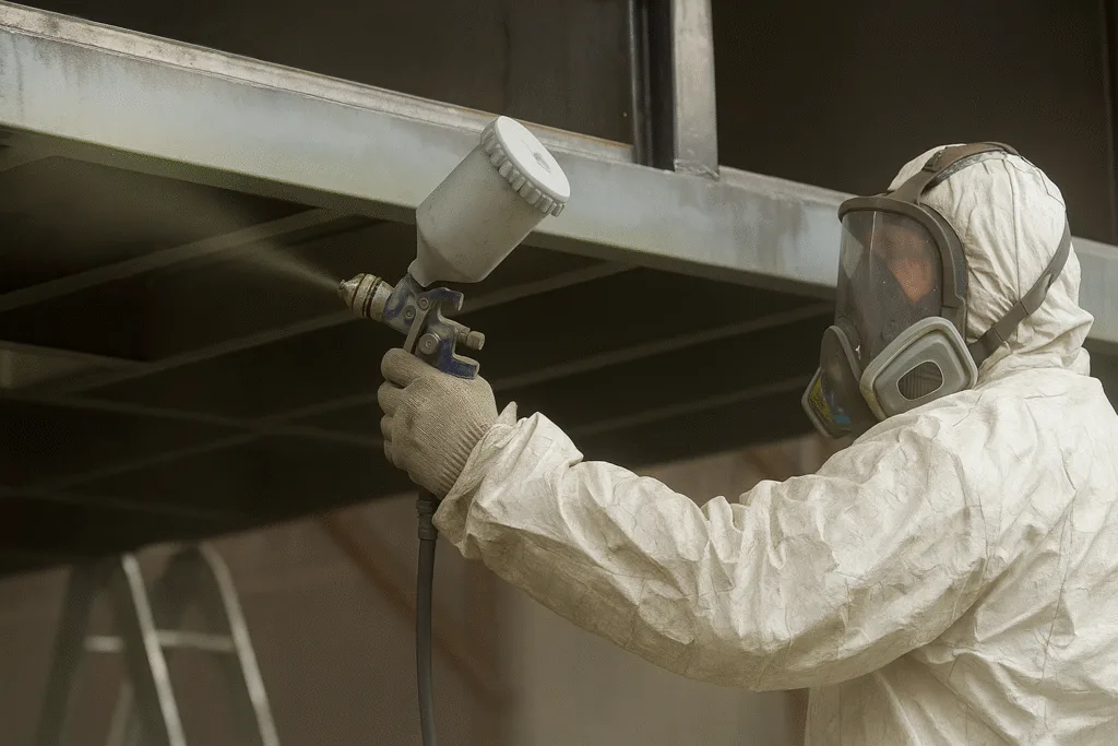 steel members being sprayed with primer