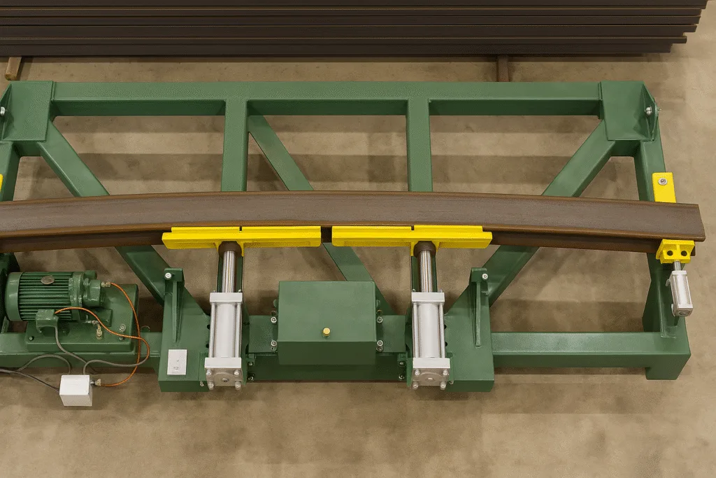 hydraulic cambering machine pressing a beam