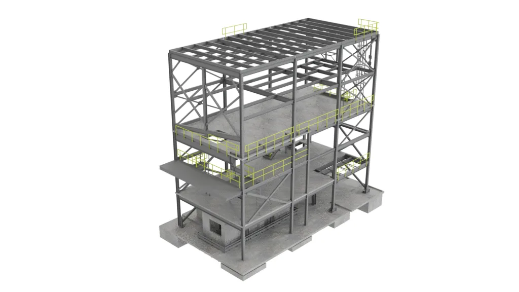 Rendered model of a multi-level industrial steel structure created using parametric steel detailing