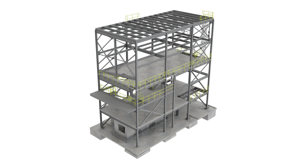 Rendered model of a multi-level industrial steel structure created using parametric steel detailing