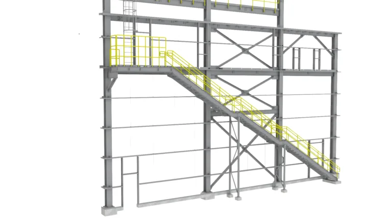 Structural steel model of industrial stair and platform with yellow railings