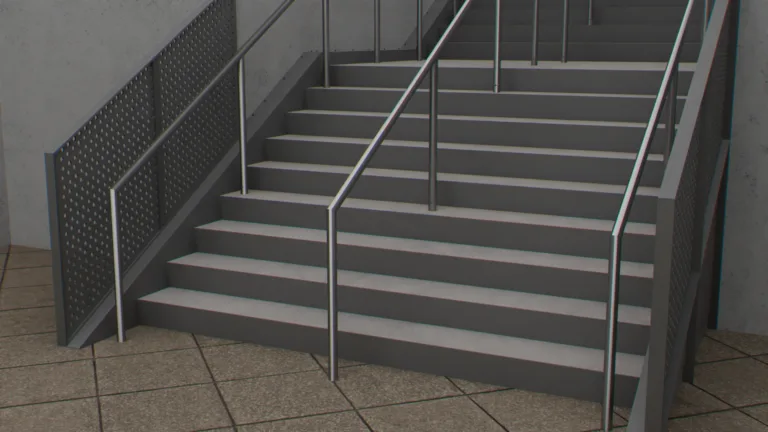 Steel stair detailing with perforated panels and handrails at a public facility