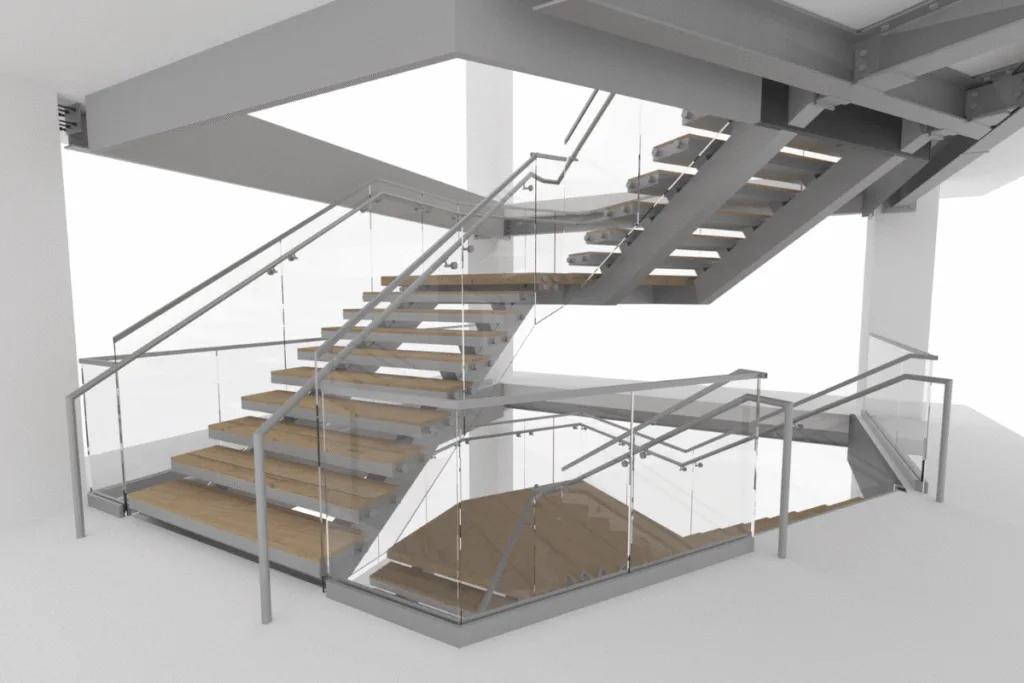 3D render of an ornamental steel staircase with glass railings and wood treads for a commercial project by ESD Solutions.