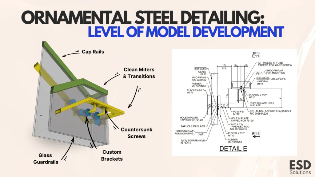 Detailed ornamental steel model with glass guardrails, custom brackets, and countersunk screws, paired with shop drawing details.