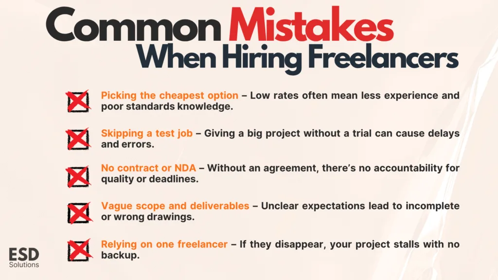 List of common mistakes when hiring freelancers for steel detailing, including choosing the cheapest option and skipping a test job.