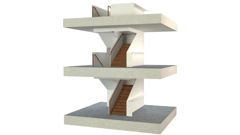 Architectural stair detailing render for a four-story building retrofit by ESD Solutions