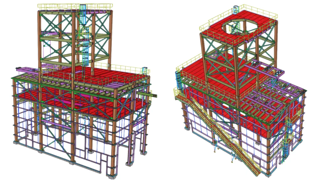 3D Tekla Structures model showing detailed steel frame for structural steel detailing