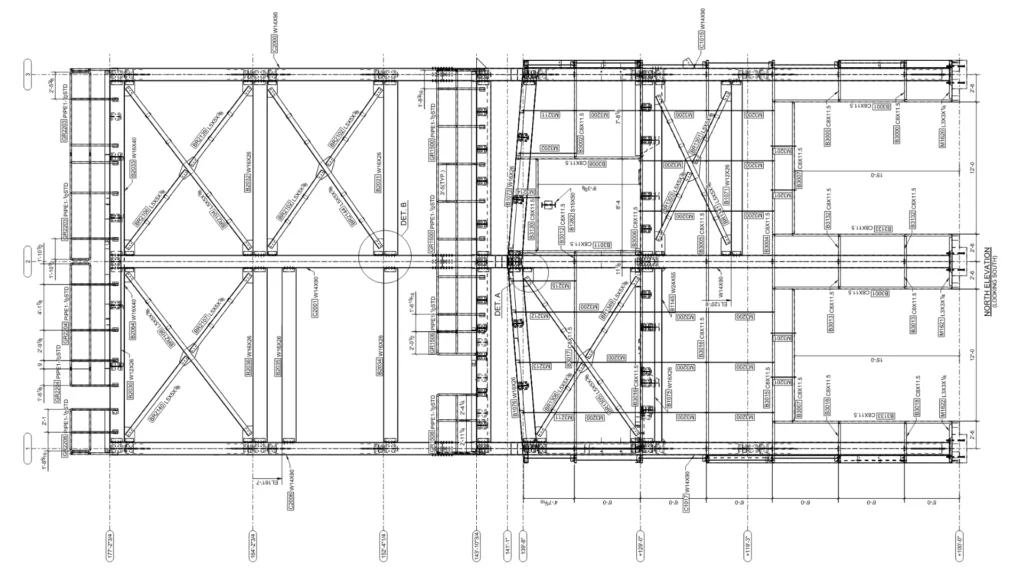 Structural erection drawing with detailed steel framing marks
