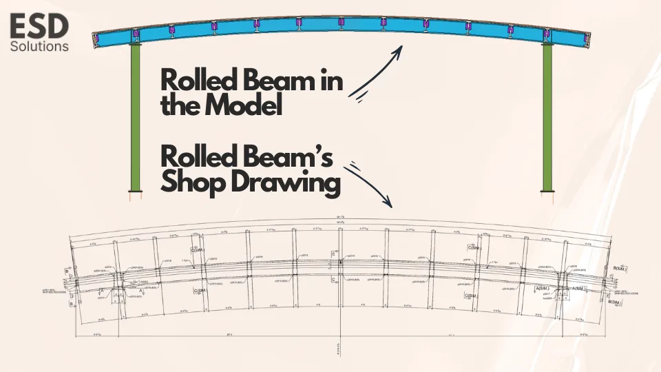 Rolled beam in Tekla model and corresponding shop drawing — a practical example of complex geometry in steel detailing for curved members.