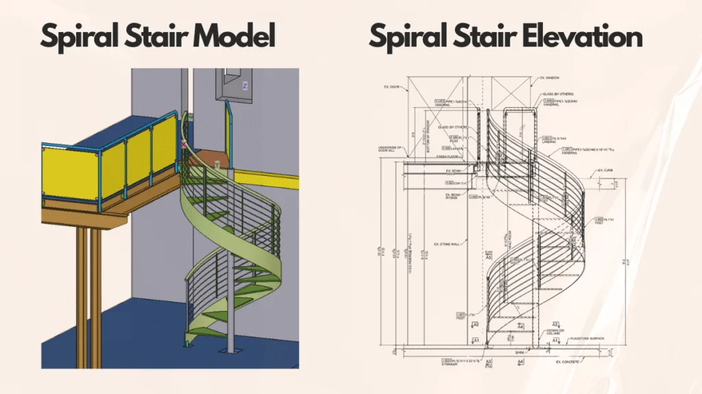 Spiral stair model and elevation drawing, highlighting complex geometry in steel detailing for non-standard architectural staircases.