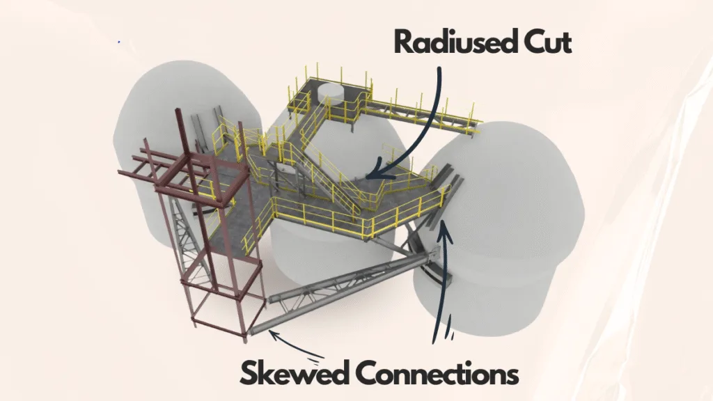 Industrial platform with skewed connections and radiused cuts — an example of complex geometry in steel detailing for industrial facilities.