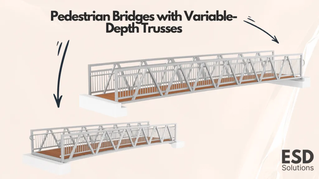 Pedestrian bridge with variable-depth trusses demonstrating complex geometry in steel detailing for infrastructure projects.