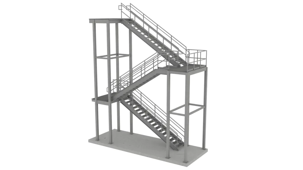 Multi-level steel stair, opposite elevation, showing continuous guardrails and grating landings.