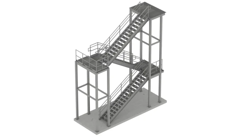 Multi-flight steel stair with HSS frames, pipe guardrails and slip-resistant grating, detailed for fabrication.