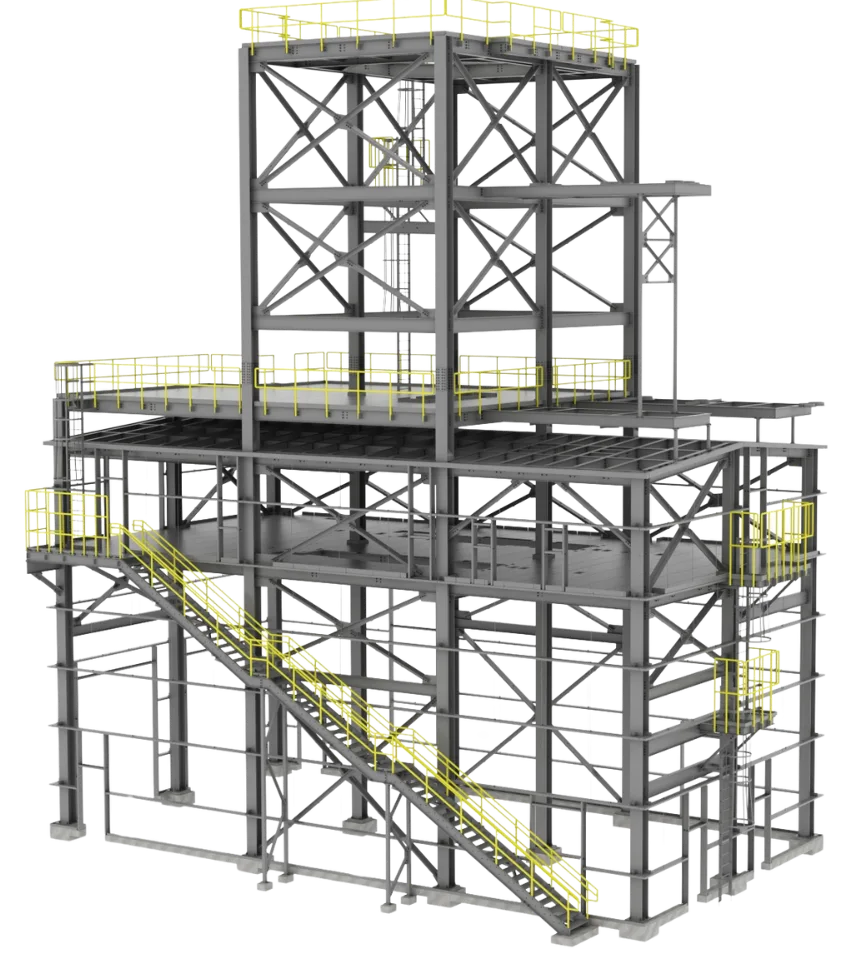 3D model of a structural steel platform with stairs and guardrails created by ESD Solutions detailers