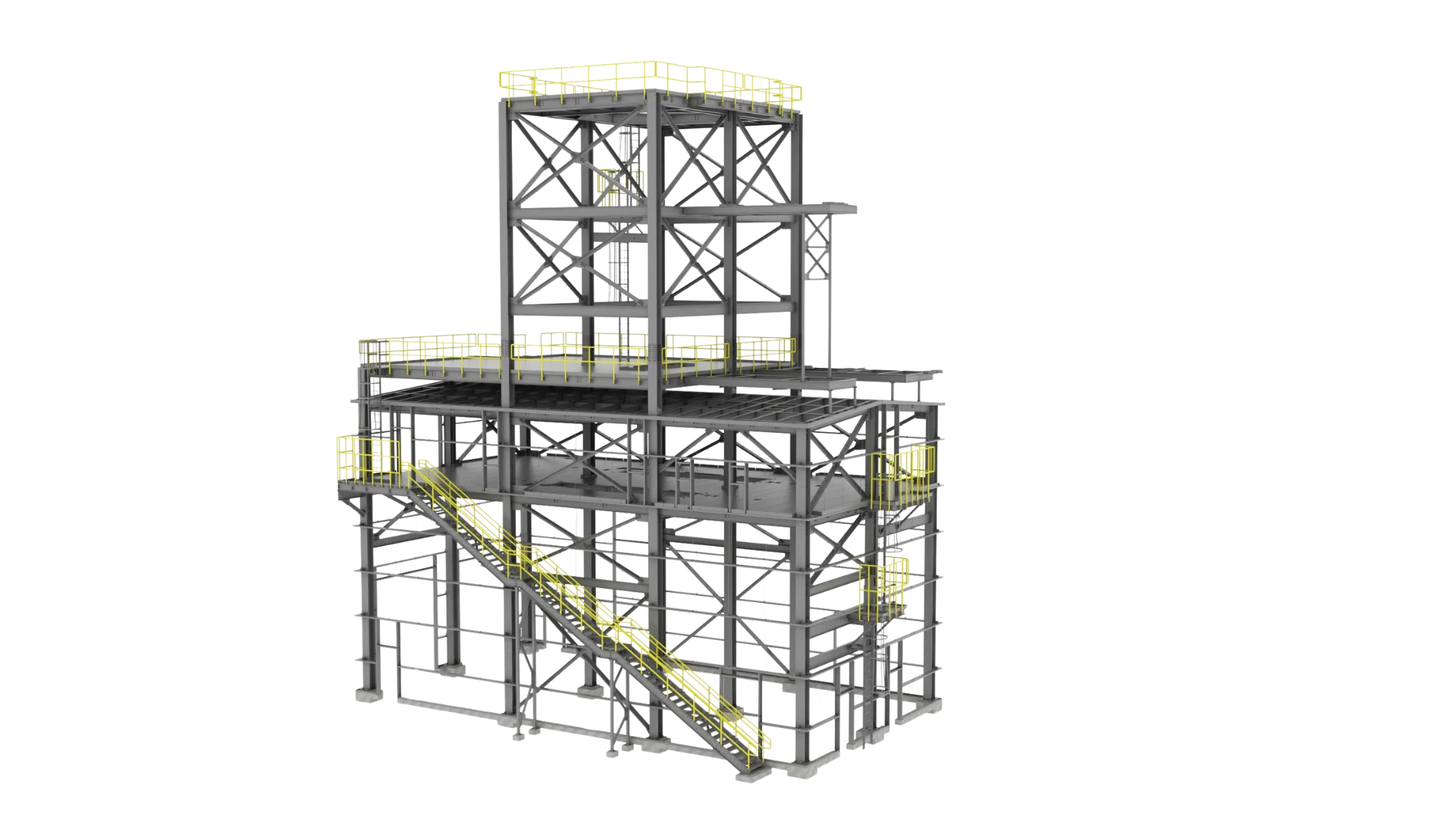 3D model of a structural steel platform with stairs and guardrails created by ESD Solutions detailers