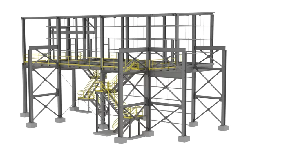 OSHA-compliant steel stairs and platforms detailed as part of industrial steel detailing services